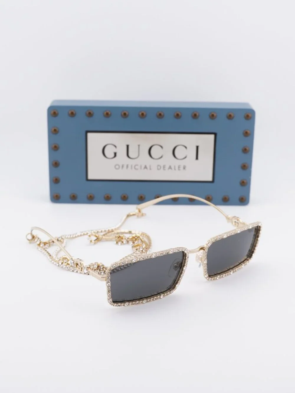 Gucci GG1568S 001 Rectangle Sunglasses - Gold with Gold Chain/Grey